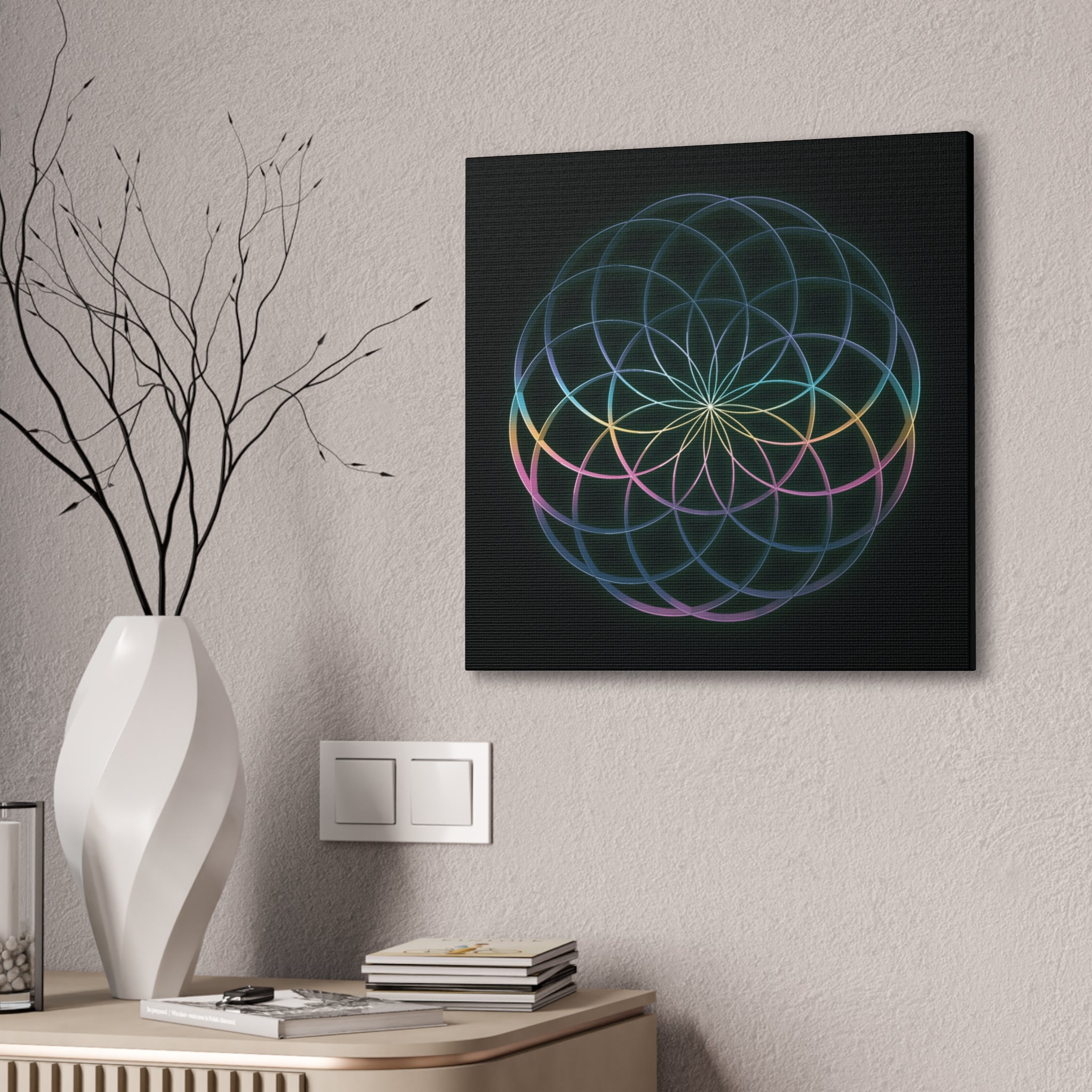 Sacred Geometry - Glowing Canvas Art | Rainbow Flower of Life Stretched Canvas