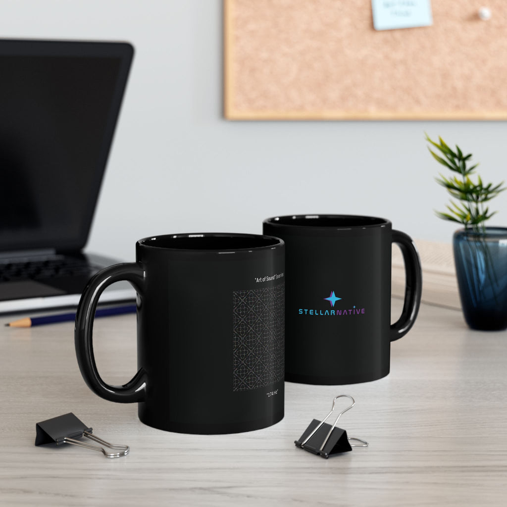 "Art of Sound" | 174 Hz - Stellarnative Black Coffee Mug - 11oz/15oz Glossy Logo Mug