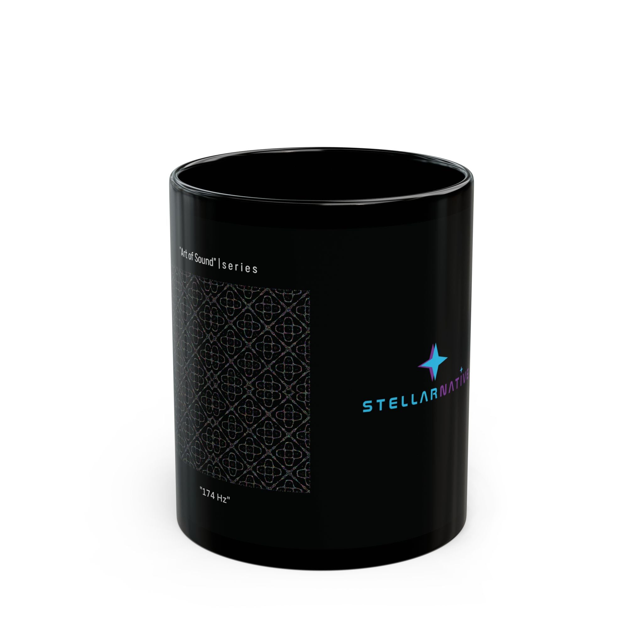 "Art of Sound" | 174 Hz - Stellarnative Black Coffee Mug - 11oz/15oz Glossy Logo Mug