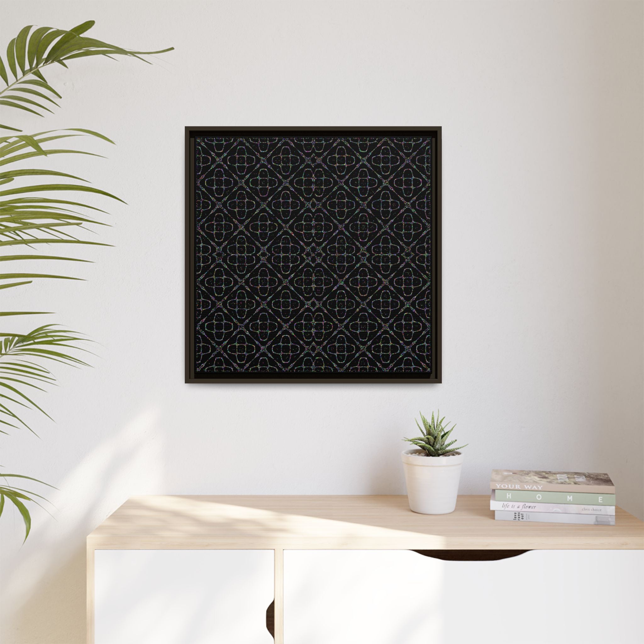 Sacred Geometry 174 Hz "Art by Sound" Cymatics - Framed Matte Canvas (Multi‑Color on Black)