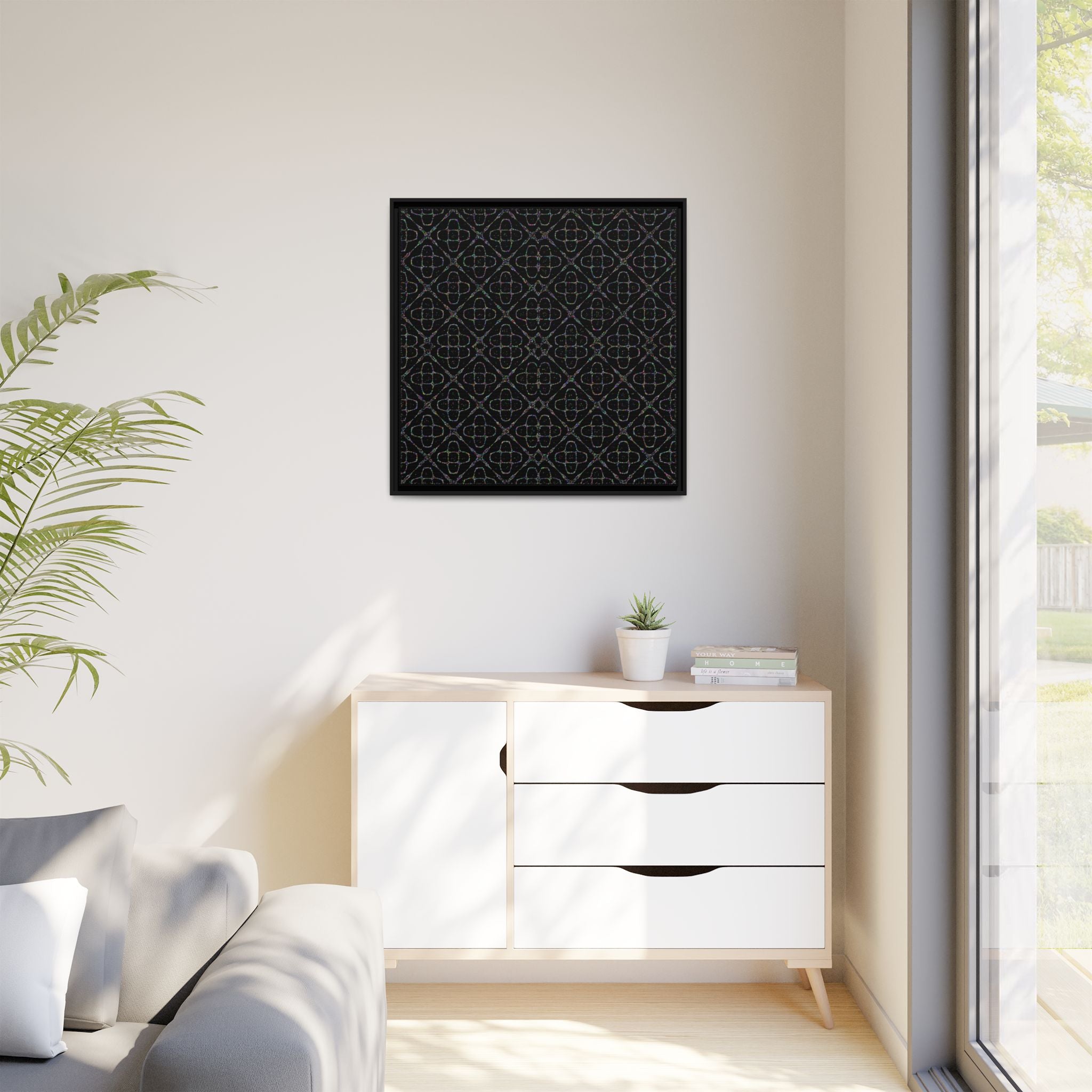 Sacred Geometry 174 Hz "Art by Sound" Cymatics - Framed Matte Canvas (Multi‑Color on Black)