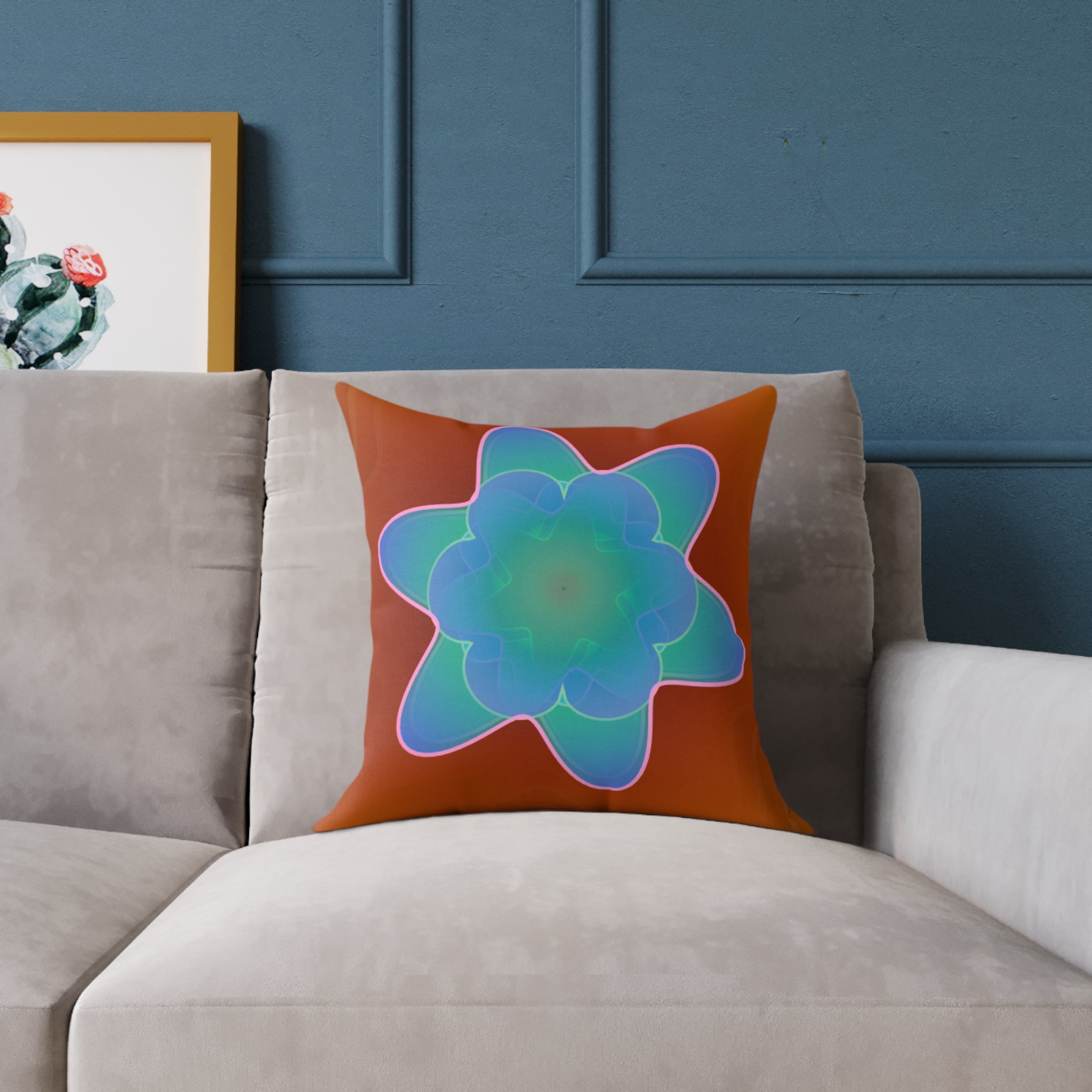 Boho Blue Floral Square Pillow - Psychedelic Flower Accent Cushion